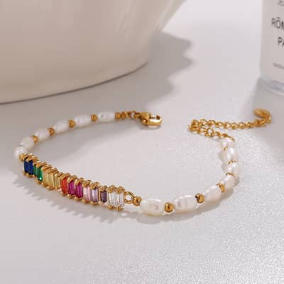 Colorful Rectangle Zircon Stainless Steel Adjustable Freshwater Pearl Bracelet detail 1
