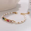 Colorful Rectangle Zircon Stainless Steel Adjustable Freshwater Pearl Bracelet 1
