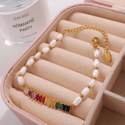 Colorful Rectangle Zircon Stainless Steel Adjustable Freshwater Pearl Bracelet detail 2