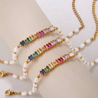 Colorful Rectangle Zircon Stainless Steel Adjustable Freshwater Pearl Bracelet detail 3