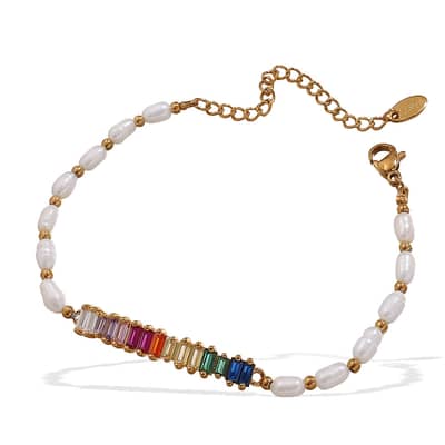 Colorful Rectangle Zircon Stainless Steel Adjustable Freshwater Pearl Bracelet detail 5