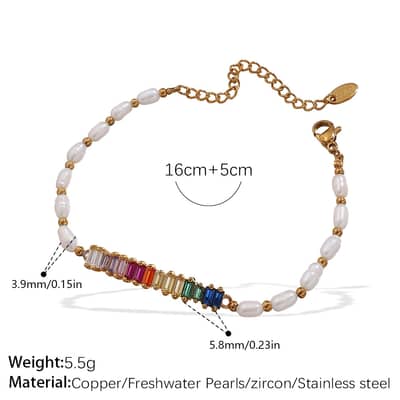Colorful Rectangle Zircon Stainless Steel Adjustable Freshwater Pearl Bracelet detail 6
