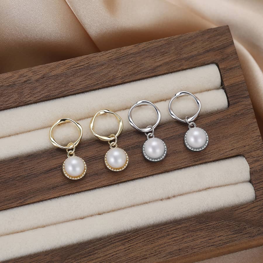14K Gold Plated 925 Sterling Silver Round Pearl Huggie Hoop Earrings - main