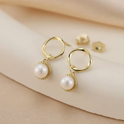 14K Gold Plated 925 Sterling Silver Round Pearl Huggie Hoop Earrings detail 2