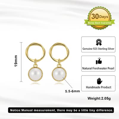 14K Gold Plated 925 Sterling Silver Round Pearl Huggie Hoop Earrings detail 5