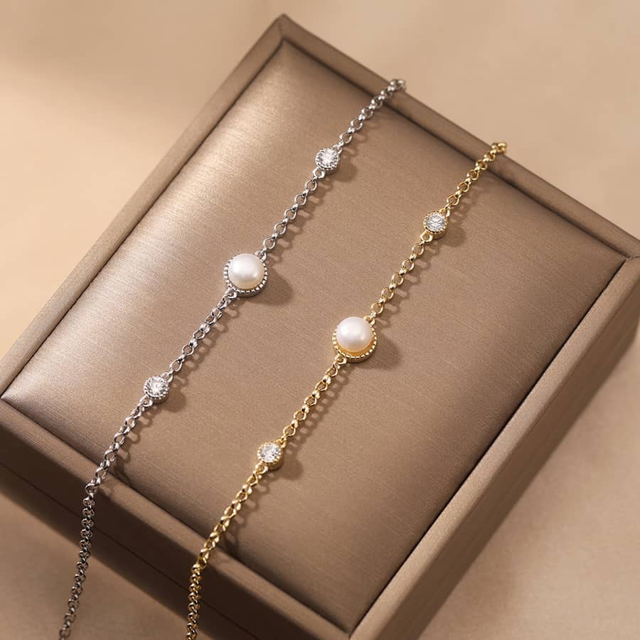 925 Sterling Silver Single Pearl Zircon Charm Bracelet, 14K Gold Plated - main