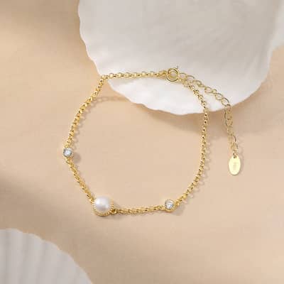 925 Sterling Silver Single Pearl Zircon Charm Bracelet, 14K Gold Plated detail 2