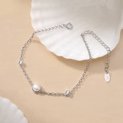 925 Sterling Silver Single Pearl Zircon Charm Bracelet, 14K Gold Plated detail 4