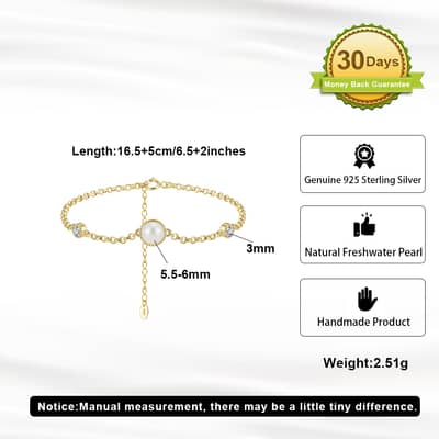 925 Sterling Silver Single Pearl Zircon Charm Bracelet, 14K Gold Plated detail 5