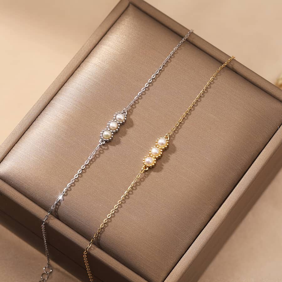 Minimalist Three Freshwater Pearls 14K Gold Plated Adjustable Bracelet, 925 Sterling Silver - main