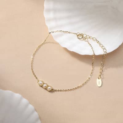 Minimalist Three Freshwater Pearls 14K Gold Plated Adjustable Bracelet, 925 Sterling Silver detail 2