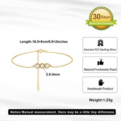 Minimalist Three Freshwater Pearls 14K Gold Plated Adjustable Bracelet, 925 Sterling Silver detail 5