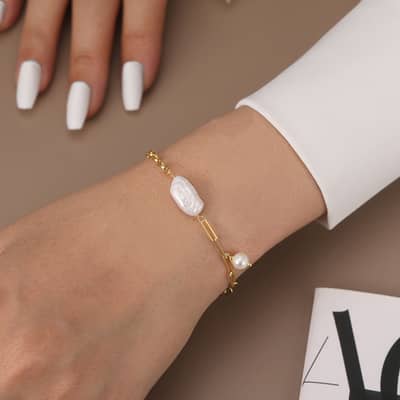 14K Gold Plated Natural Freshwater Irregular Baroque Pearl Paperclip Cable Chain Bracelet detail 2