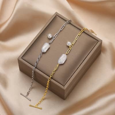14K Gold Plated Natural Freshwater Irregular Baroque Pearl Paperclip Cable Chain Bracelet detail 3