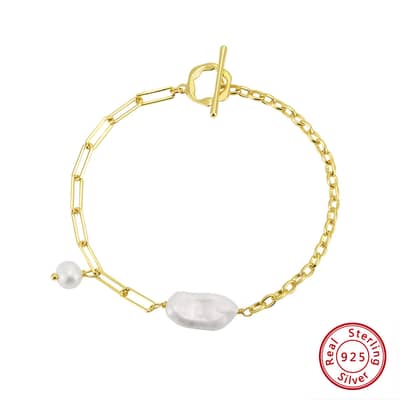 14K Gold Plated Natural Freshwater Irregular Baroque Pearl Paperclip Cable Chain Bracelet detail 6