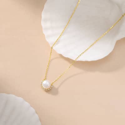 Baroque Mabe Pearl & Zirconia Necklace, 925 Sterling Silver & 14K Gold Plated, 7-8mm