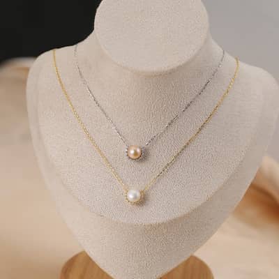 Baroque Mabe Pearl & Zirconia Necklace, 925 Sterling Silver & 14K Gold Plated, 7-8mm detail 2