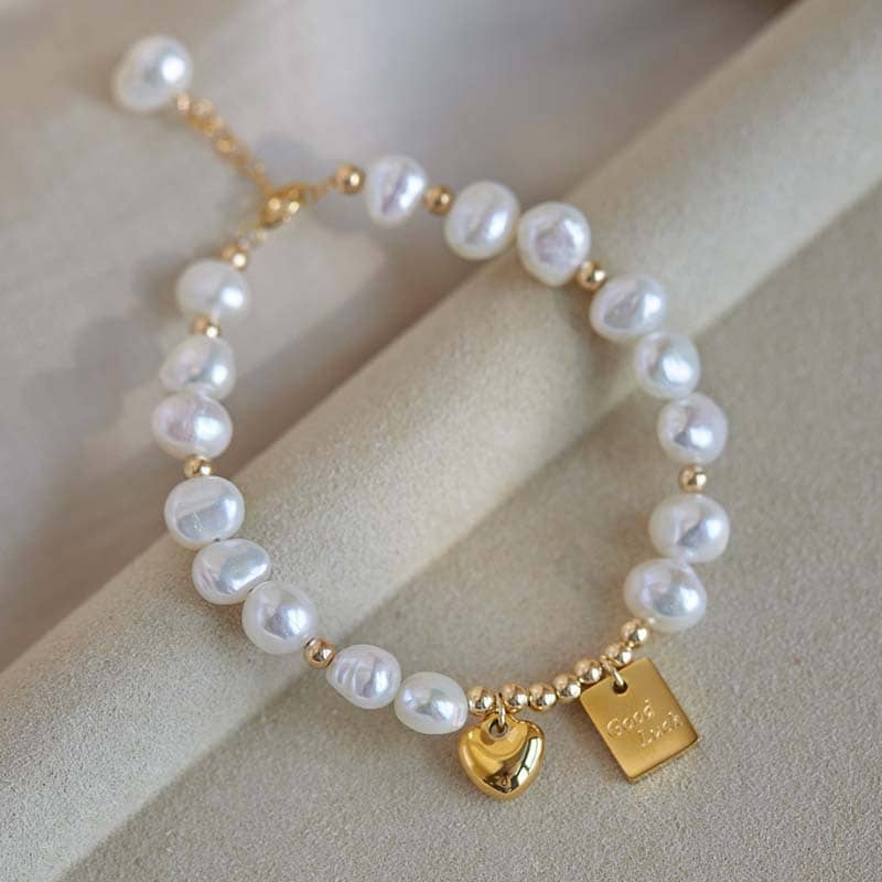 Good Luck Plate Charm 6-7mm Natural Baroque Freshwater Pearl Bracelet - main