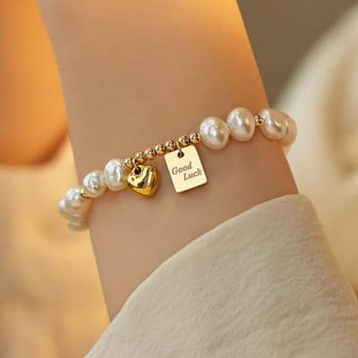 Good Luck Plate Charm 6-7mm Natural Baroque Freshwater Pearl Bracelet detail 3