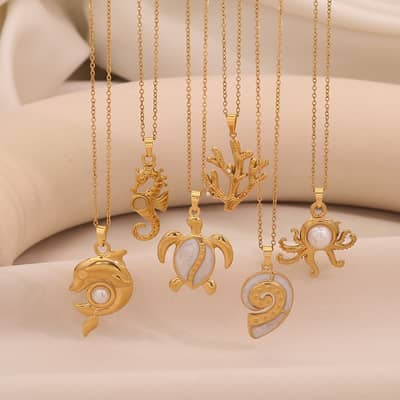 Waterproof 18K Gold Plated Ocean Collection Stainless Steel Necklace Fashion Sea Turtles Dolphin Conch Pearl Necklace detail 1