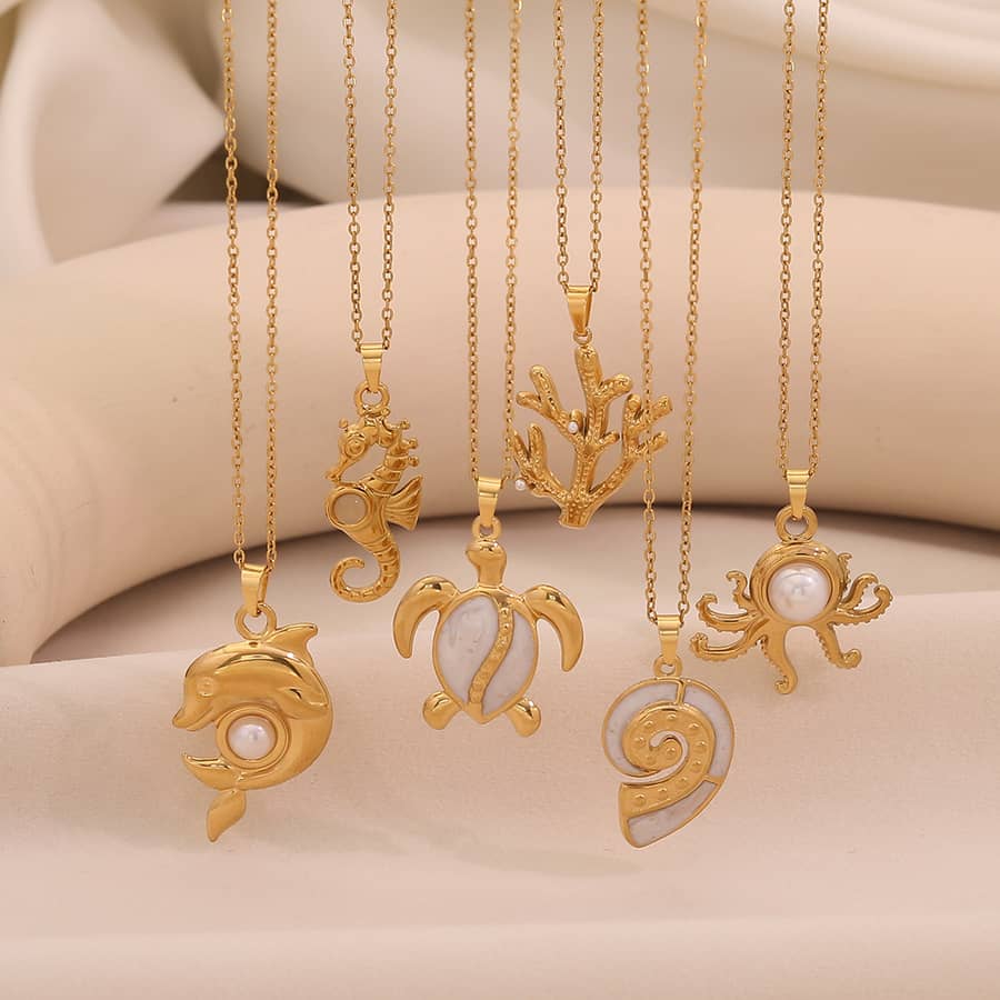 Waterproof 18K Gold Plated Ocean Collection Stainless Steel Necklace Fashion Sea Turtles Dolphin Conch Pearl Necklace - main