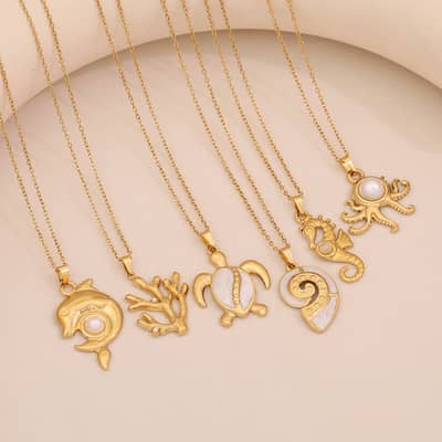 Waterproof 18K Gold Plated Ocean Collection Stainless Steel Necklace Fashion Sea Turtles Dolphin Conch Pearl Necklace detail 2