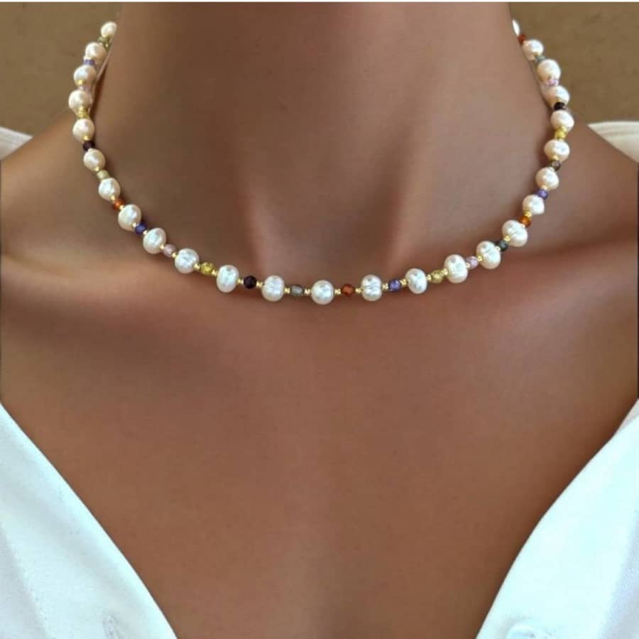 Design Beaded Necklace Colored Zircon Freshwater Pearl Clavicle Chain - main