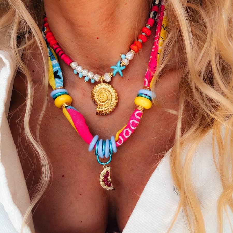 Double Layer Bead Handmade Necklace Ocean Series Fruit Themed Multi Charms Woven Ribbon - main