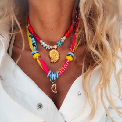 Double Layer Bead Handmade Necklace Ocean Series Fruit Themed Multi Charms Woven Ribbon detail 2
