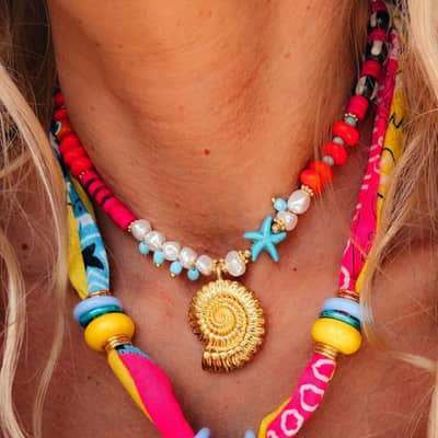 Double Layer Bead Handmade Necklace Ocean Series Fruit Themed Multi Charms Woven Ribbon detail 3