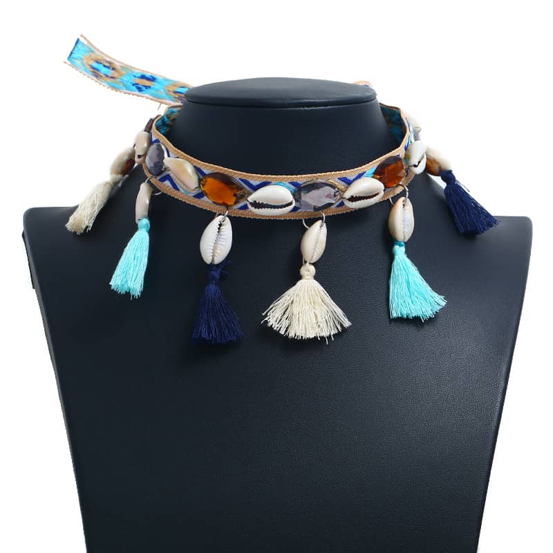 Boho Natural Seashell Conch Leather Braided Choker with Suture Shell Tassel and Natural Agate Necklace - main