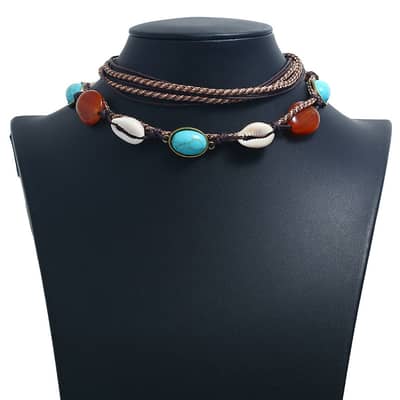 Boho Natural Seashell Conch Leather Braided Choker with Suture Shell Tassel and Natural Agate Necklace detail 3