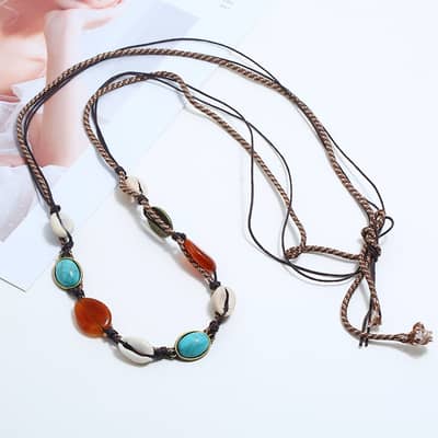 Boho Natural Seashell Conch Leather Braided Choker with Suture Shell Tassel and Natural Agate Necklace detail 5