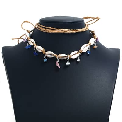 Boho Natural Seashell Conch Leather Braided Choker with Suture Shell Tassel and Natural Agate Necklace detail 6