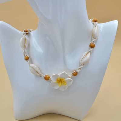 Natural Sea Shell Cowrie Woven Choker with Hawaii Beach Plumeria Flower and Wood Beads, Braided Statement Necklace detail 1