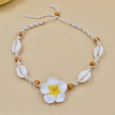 Natural Sea Shell Cowrie Woven Choker with Hawaii Beach Plumeria Flower and Wood Beads, Braided Statement Necklace detail 2