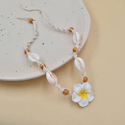 Natural Sea Shell Cowrie Woven Choker with Hawaii Beach Plumeria Flower and Wood Beads, Braided Statement Necklace detail 3