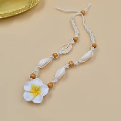 Natural Sea Shell Cowrie Woven Choker with Hawaii Beach Plumeria Flower and Wood Beads, Braided Statement Necklace detail 4