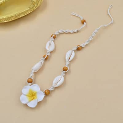 Natural Sea Shell Cowrie Woven Choker with Hawaii Beach Plumeria Flower and Wood Beads, Braided Statement Necklace detail 5