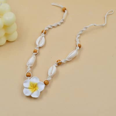 Natural Sea Shell Cowrie Woven Choker with Hawaii Beach Plumeria Flower and Wood Beads, Braided Statement Necklace detail 6