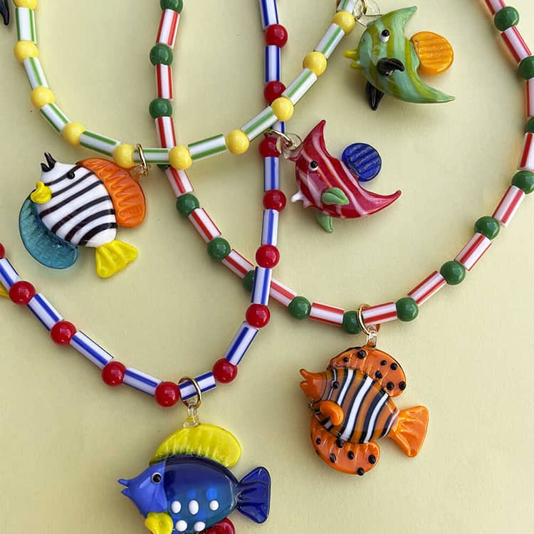 Summer Vacation Bohemian Style Charm Blue Glass Fish Seahorse Pendant Beaded Choker - main