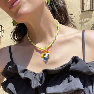 Summer Vacation Bohemian Style Charm Blue Glass Fish Seahorse Pendant Beaded Choker detail 4