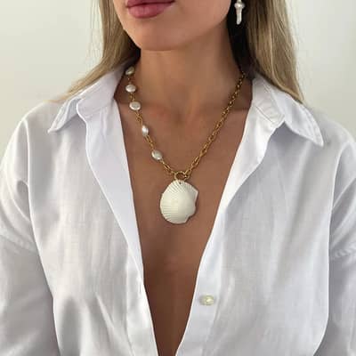 Summer Beach Style 18K Gold Plated Stainless Steel Shell Pendant Cross Baroque Pearl detail 1