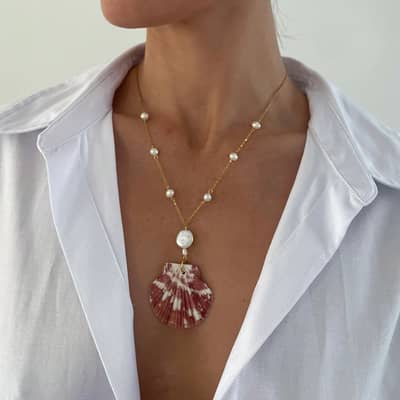 Summer Beach Style 18K Gold Plated Stainless Steel Shell Pendant Cross Baroque Pearl detail 2