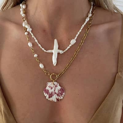 Summer Beach Style 18K Gold Plated Stainless Steel Shell Pendant Cross Baroque Pearl detail 4