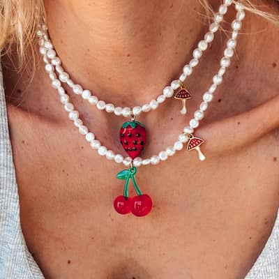 Summer Stainless Steel Pearl Pendant Beaded Fruit Strawberry Cherry Charm detail 1