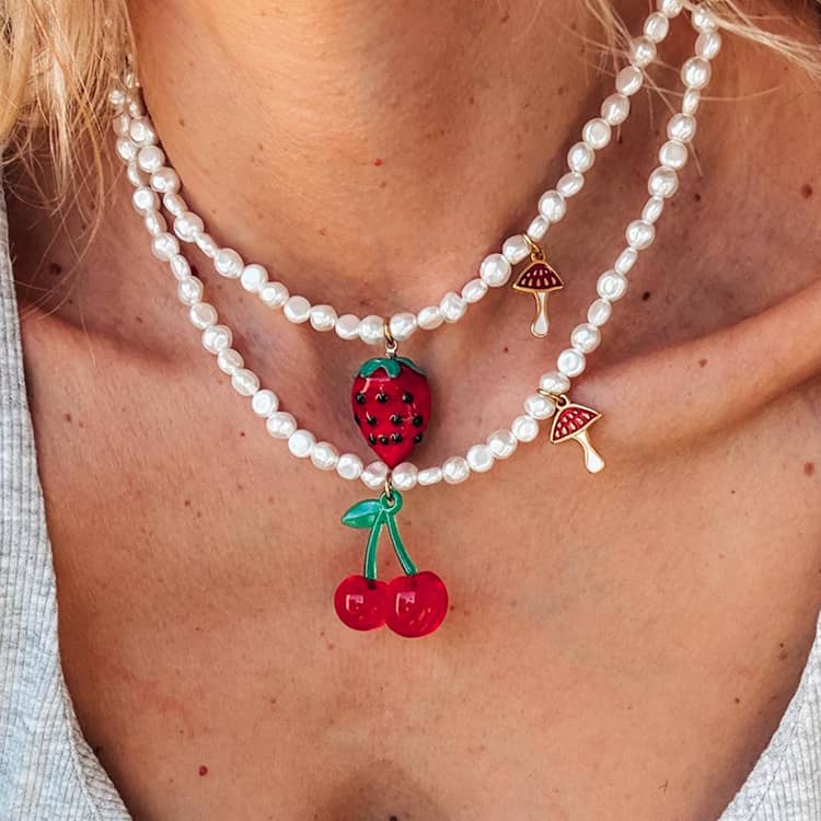 Summer Stainless Steel Pearl Pendant Beaded Fruit Strawberry Cherry Charm - main