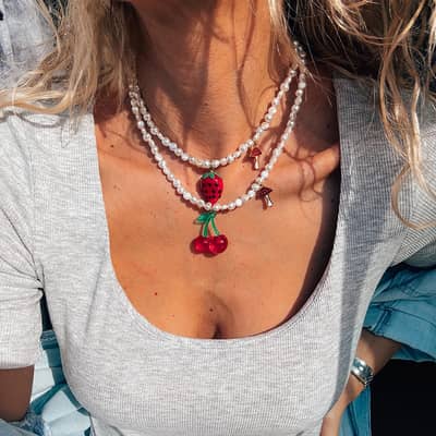 Summer Stainless Steel Pearl Pendant Beaded Fruit Strawberry Cherry Charm detail 2