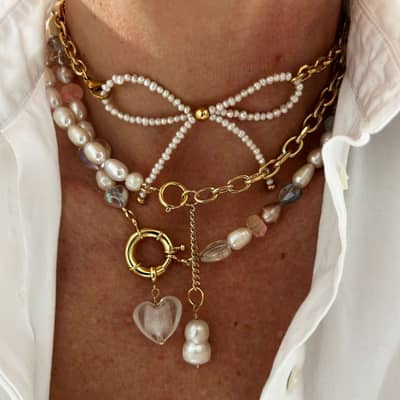 Summer Beach Baroque Pearl Beaded Necklace Stainless Steel Glass Pearl Bow Charm Heart detail 1