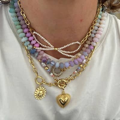 Summer Beach Baroque Pearl Beaded Necklace Stainless Steel Glass Pearl Bow Charm Heart detail 3